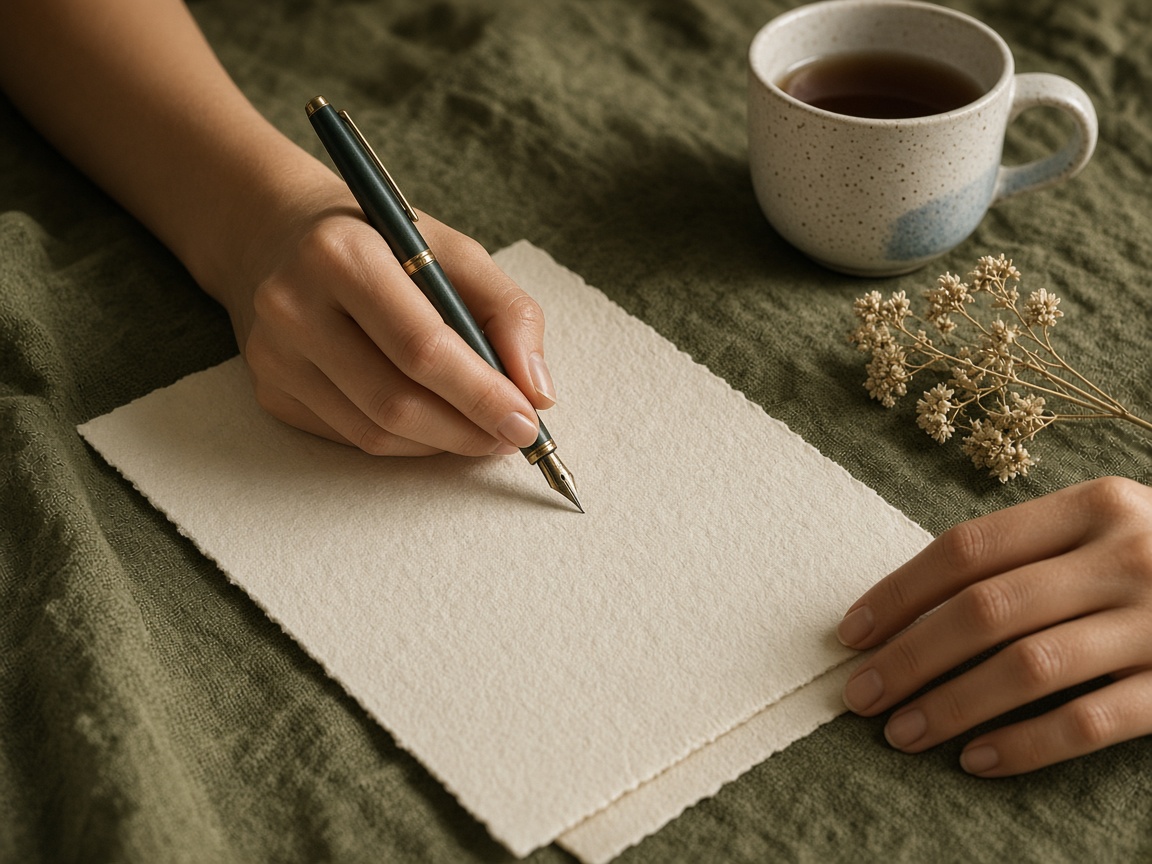 Écriture à la plume sur papier, tasse de thé et fleurs séchées